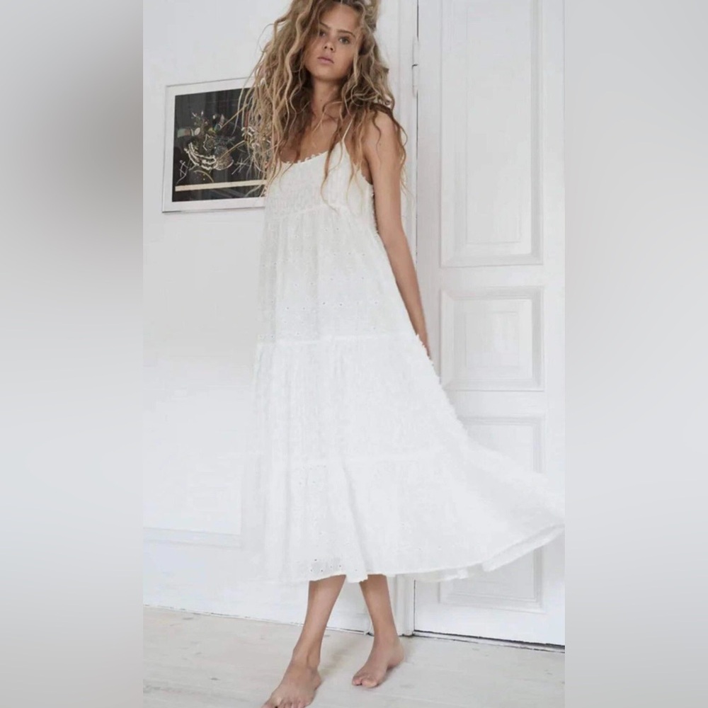 Zara Women Fringed Embroidered Eyelet Dress White Size S